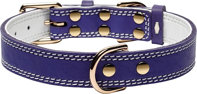 Genuine Leather Dog Collar, Heavy Duty Wide Dog Collar, for Small,Medium, Large and Extra Large Dog (XL: 1.4" Wide for 18.6"-25.8" Neck, Dual Stitch - Purple)