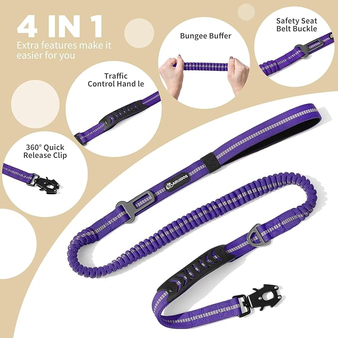 Heavy Duty Tactical Dog Leash, 4-6FT Shock Absorbing Bungee Lead with 2 Padded Handles, Metal Carabiner & Seatbelt Clip, Reflective No-Pull Leash for Medium/Large Dogs Purple