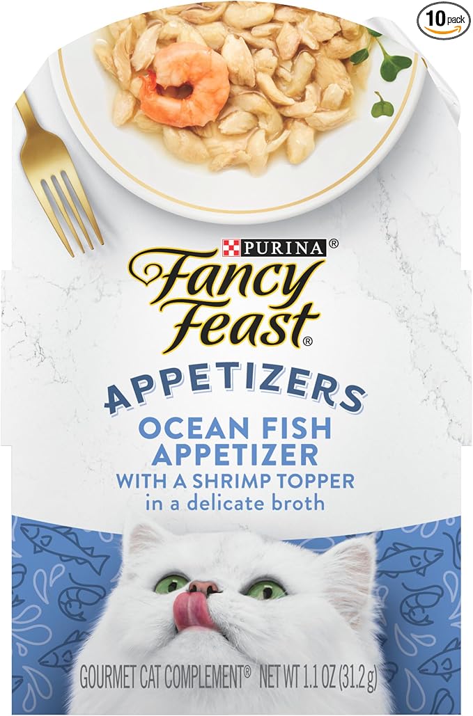 Purina Fancy Feast Lickable Appetizers Grain Free Wet Cat Food Topper Ocean Fish Appetizer with a Shrimp Cat Food Topper - (Pack of 10) 1.1 oz. Trays