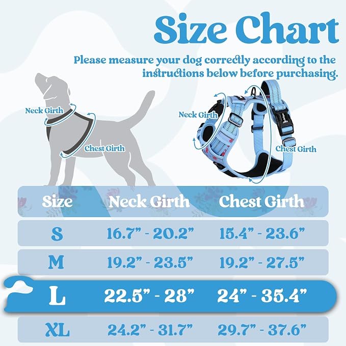 rabbitgoo Dog Harness for Large, No Pull Easy On & Off with 3 Buckles Pet Harness, Adjustable Soft Walking Vest with 2 Clips and Handle, Reflective for Large Dogs, Floral Blue, L
