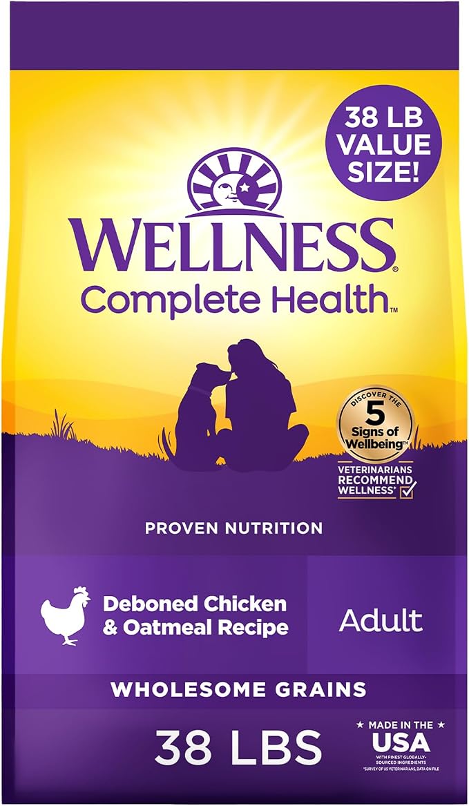 Wellness Complete Health Adult Dry Dog Food, Wholesome Grain Kibble, Natural, Chicken and Oatmeal Recipe, 38 lb Bag