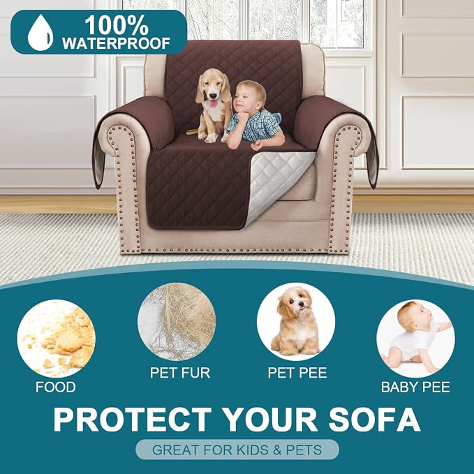 Turquoize 100% Waterproof Sofa Covers Chair Cover Slipcover Couch Protector Triple Non-Slip Sofa Slipcover for 1 Cushion Furniture Protector for Pets, Kids,Dog (Chair 23", Brown)