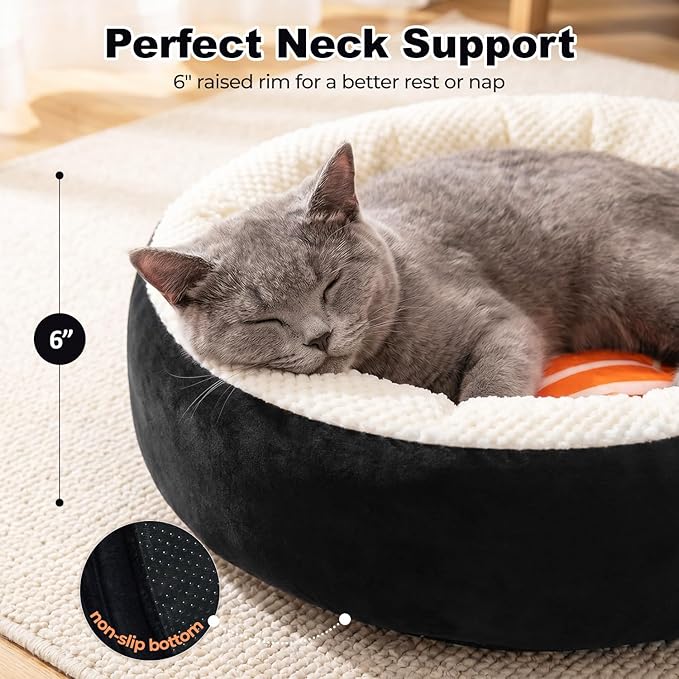 Cat Bed for Indoor Cats, 21" Washable Round Pet Bed for Cats & Small Dogs, Sushi Soft Fluffy Calming Bed for Kitten and Puppy with Anti-Slip Base