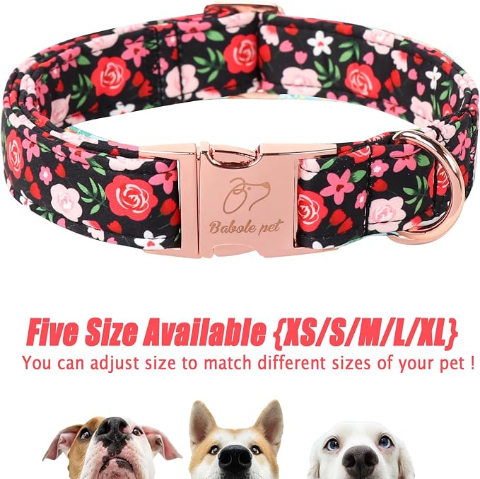Floral Dog Collar - Rose Red Wild Flowers Pattern Cute Puppy Collar, Adjustable Winter Holiday Metal Buckle Dog Collars for Small Medium Large Dogs XL