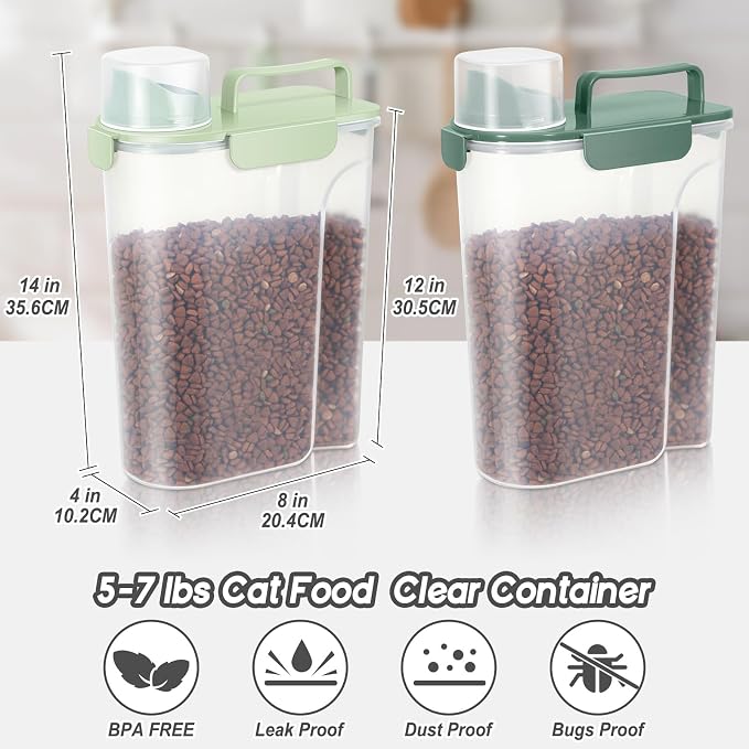 LEAWALK 5-7Lbs Dog Cat Food Storage Container with Upgraded Large Nozzle BPA-free, 4 Snap Seals Plastic Pet Food Storage Containers with Handles (Green+Dark Green, 5L-2pack)