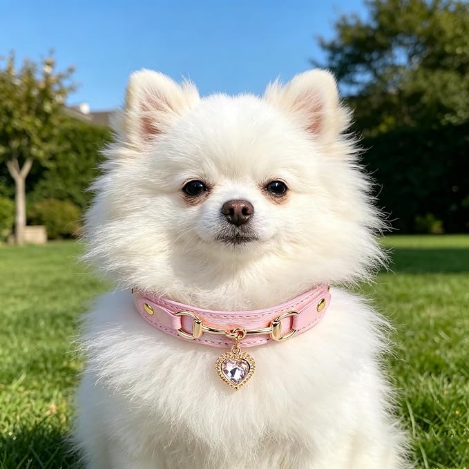 THAIN Fashion Rhinestones Dog Collar with Bling Diamonds & Heart Charm – 5 Holes Adjustable PU Leather Necklace Collar, Gold Buckle for Small Medium Dogs Girl (Pink, S)