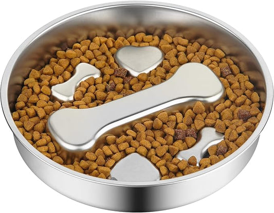 Novery Slow Feeder Dog Bowl - 2 Cups Stainless Steel Dog Slow Feeder Food Bowl, Metal Non-Slip Lick Plate,Puppy or Cat Food Holder,Pet Supplies,Puzzle Maze Dish for Medium Sized Breeds