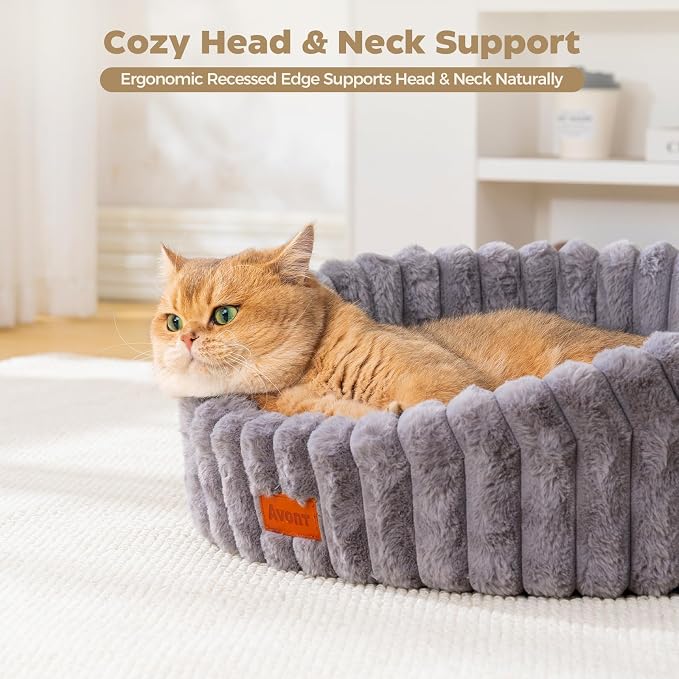 Avont Fluffy Cat Bed for Indoor Cats, Cozy Plush Sleeping Nest for All Sleep Styles, Washable Removable Cushion & Anti-Slip Base, Calming Round Bed for Kittens & Small Dogs – Grey(S)