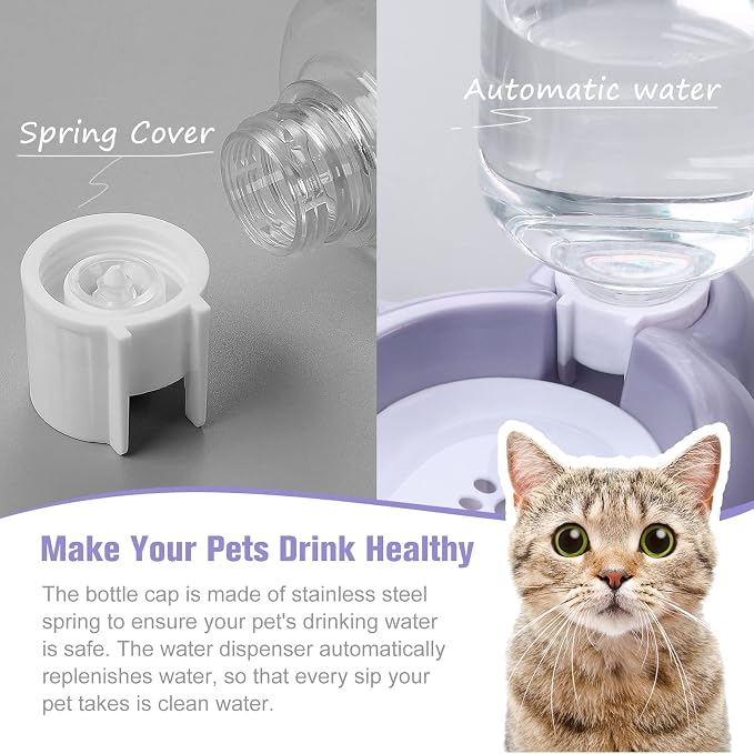 Double Dog Cat Bowls, Cat Food and Water Bowl Set with Auto-Water Dispenser and Stainless Steel Bowl Feeder for Small Size Dogs & Cats, Anti-Slip & Splash Design, Cute Purple