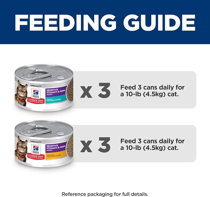 Hill's Science Diet Adult Sensitive Stomach & Skin Wet Cat Food Variety Pack, Tuna & Vegetable, Chicken & Vegetable, 2.9 oz. Cans, 12-Pack