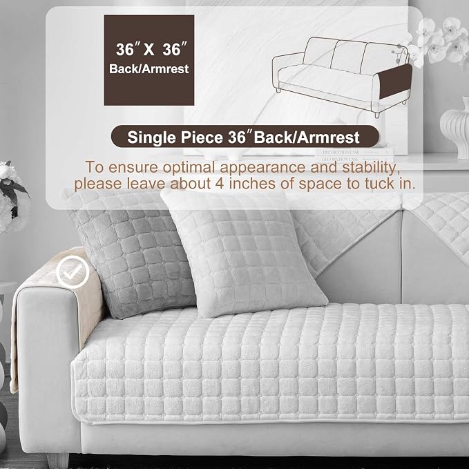 Velvet Washable Couch Cover for Pets Dogs, Non Slip Sectional Sofa Covers for 3 Cushion Couch Sofa L Sharped Sofa Arm Slipcover, Furniture Protector Covers(1 PCS 36"x36" White)
