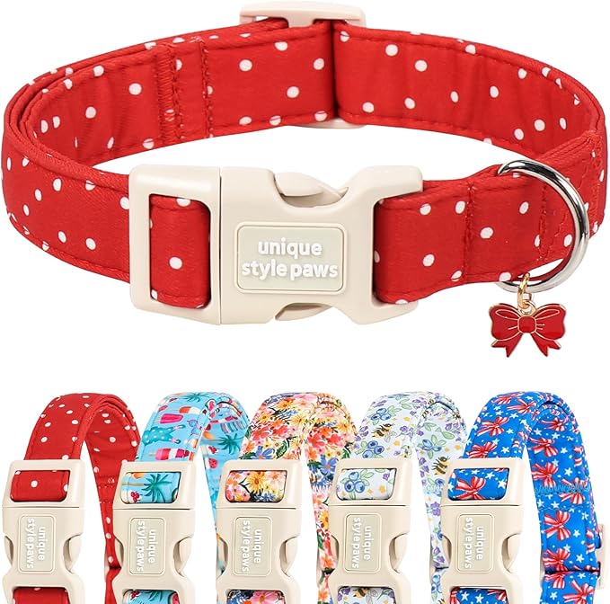 Unique style paws Dog Collar Plastic Buckle with Bow Pendant Puppy Collar for Spring Summer Orange Polka Dot for Small Medium Large Boys Girls Dogs