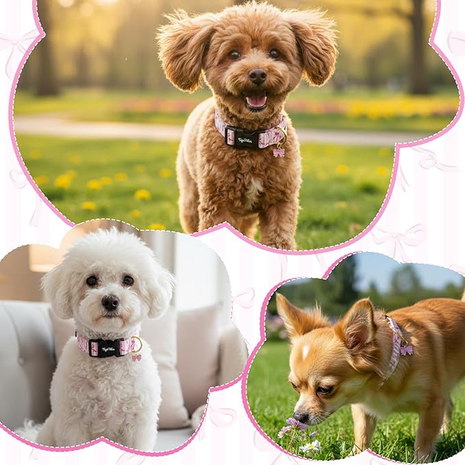 Dog Collar with Bows Patterns, Spring Summer Collection Pink Dog Collar with Exquisite Pendant, Durable Adjustable Collars for Gifts & Daily Use-L