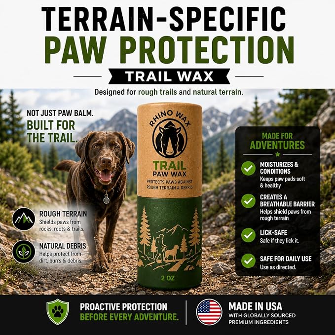 Rhino Wax - Dog Paw Trail Wax 2oz - Use Before Taking Dogs on a Hike - Balm Helps Protect Against Rocks, Uneven Terrain, Thorns, Glass - Moisturizes and Improves Elasticity - Lick-Safe - Made in USA