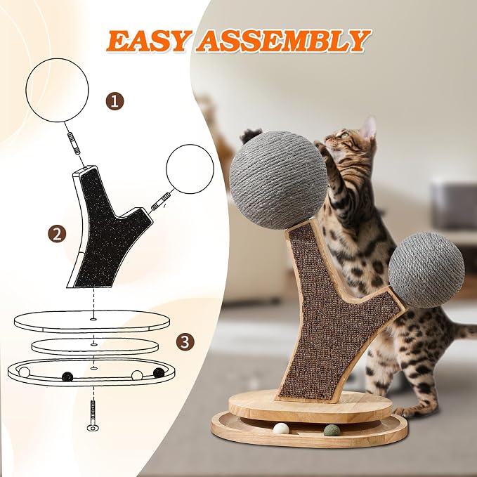 Cat Tree Cat Scratching Post with Vertical Cat Scratcher, Interactive Toy Balls, Handmade Cat Furniture with Natural Materials, Cute Kitten Scratch Post, Easy-to-Clean