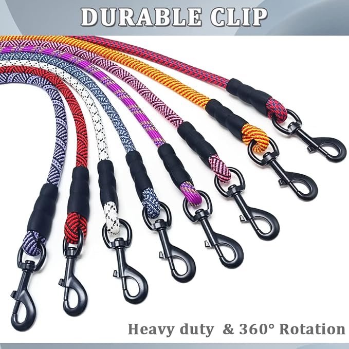 MayPaw Heavy Duty Rope Dog Leash, 3/4/5/6/7/8/10/12/15 FT Nylon Pet Leash, Soft Padded Handle Thick Lead Leashes for Large Medium Dogs (Purple Black, 1/2" * 8')