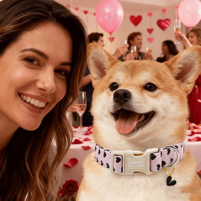 Elegant little tail Valentine's Dog Collar - Black Heart Dog Collars Cotton Puppy Adjustable Pet Collars with Sturdy Quick Release Buckle for Medium Dogs