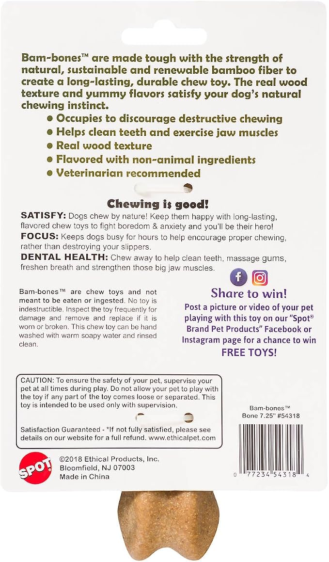 SPOT Bam-Bones Bone - Made with Strong Bamboo Fiber, Durable Long Lasting Dog Chew for Light to Moderate Chewers, Great Toy for Adult Dogs & Teething Puppies under 40lbs, 7.25in, Chicken Flavor