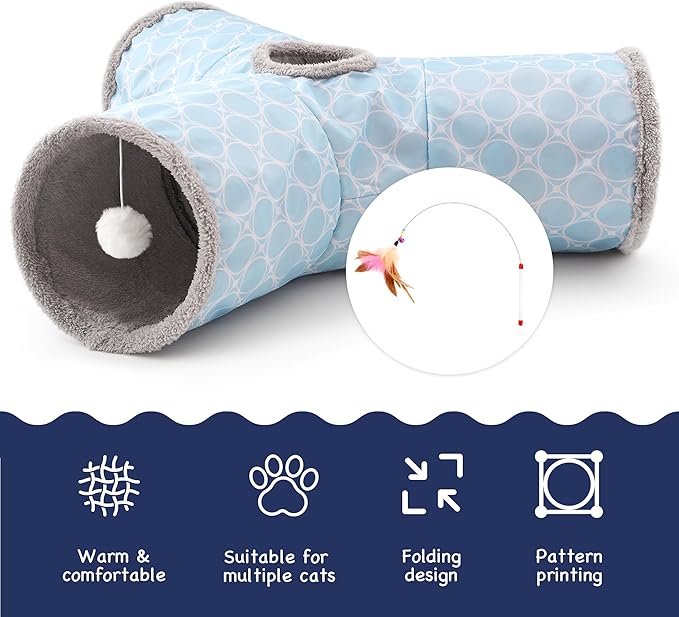 Tempcore Cat Tunnel for Indoor Cats, 3 Way Collapsible Pet Play Tunnel with Teaser Wand, Peek Holes & Hanging Ball, Interactive Tube for Kittens & Rabbits, Geometry Blue