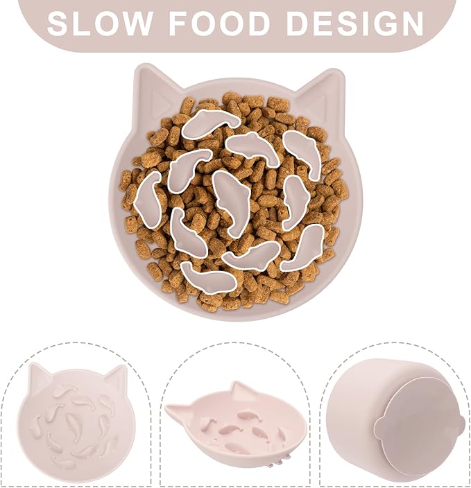Silicone Cat Slow Feeder, Elevated Slow Feeder Bowl Tilt Design, Suitable for Dry and Wet Food, Adjustable Angle, Cat Food Puzzle with Suction Cup(Pink)