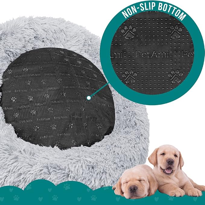 PetAmi Calming Dog Bed for Small & Medium Dogs, Cats & Puppy, Warming Round Donut Cuddler Bed, Anti-Anxiety Fluffy Shaggy Faux Fur Pet Bed, Machine Washable, Non-Slip Bottom, 30 Inch - Light Gray