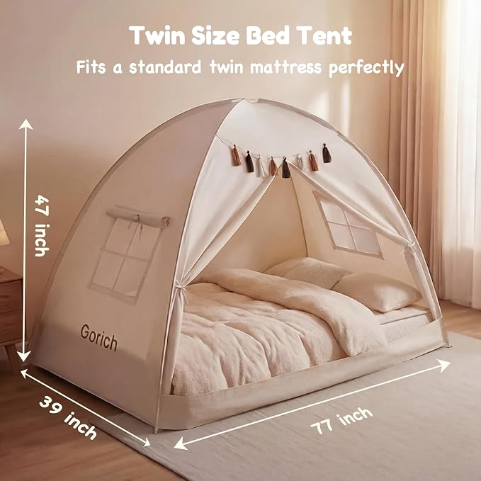 Gorich Twin Bed Tent for Kids, Indoor Privacy Toddler Sleeping Canopy with Mesh Window, Fits Bunk or Floor Bed, Include Star Lights & Tassels, Cozy Playhouse for Boys Girls Birthday