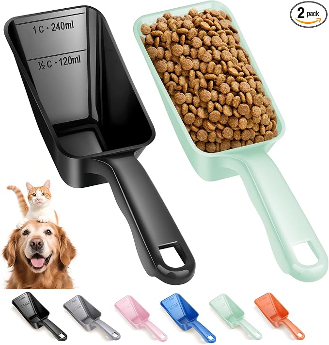 2-Pack Dog Food Scoop 1 Cup, Plastic Pet Food Measuring Scoop With Measuring Lines (1/2 & 1 Cup Markings) for Dogs, Cats, Fish, Bird（Black and Green)