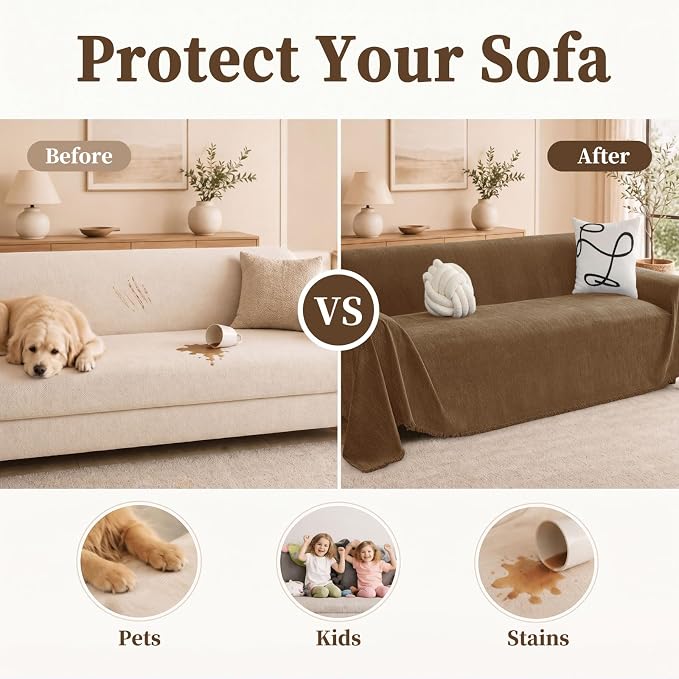 hyha Couch Cover for Dogs, Boho Sofa Covers for 3 Cushion Couch Washable, Chenille Sofa Slipcover for Pets, Soft Loveseat Sectional Couch Throw Blankets with Tassels (Chocolate, 71x102 Inch)