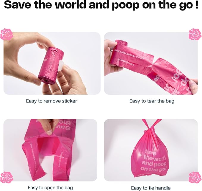 Deo Doo Dog Poop Bags with Handles 9 Rolls 108 Counts Big Sizes Leak Proof and Extra Thick Waste Bags Refill Rolls for Walking Small Medium Large Dogs Cats Litter With Holder Rose Scented