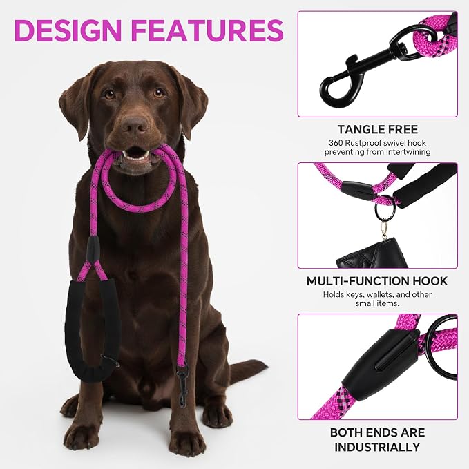Heavy Duty Dog Leash - 4.9 FT for Large and Small Dogs - Strong Nylon, Comfortable Handle, Reflective Stitching - Ideal for Walking, Training, and Outdoor Activities, Hotpink