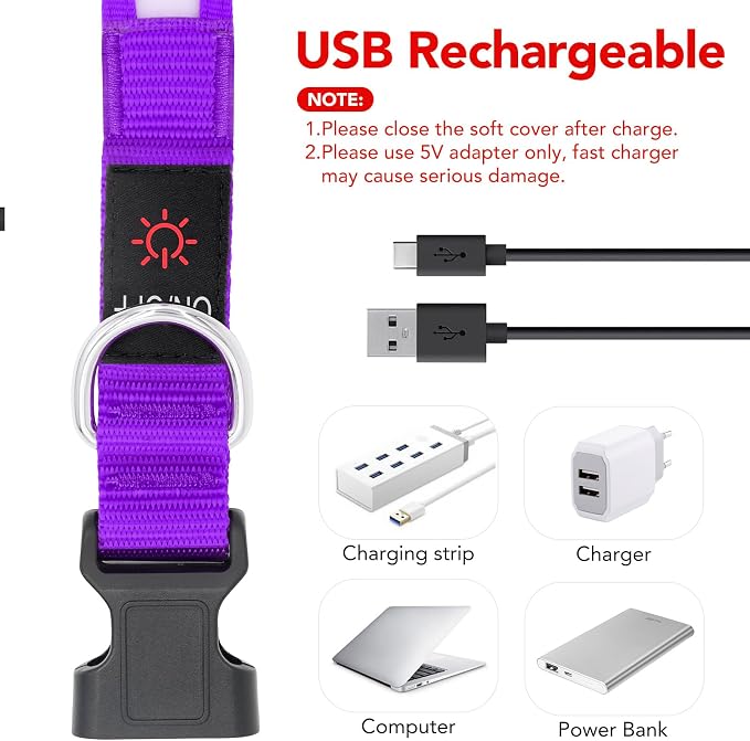 VIZPET LED Dog Collar, Light Up Dog Collar Adjustable USB Rechargeable Super Bright Safety Light Glowing Collars for Dogs (Purple, Small[11.02-15.74 inch/28-40cm])