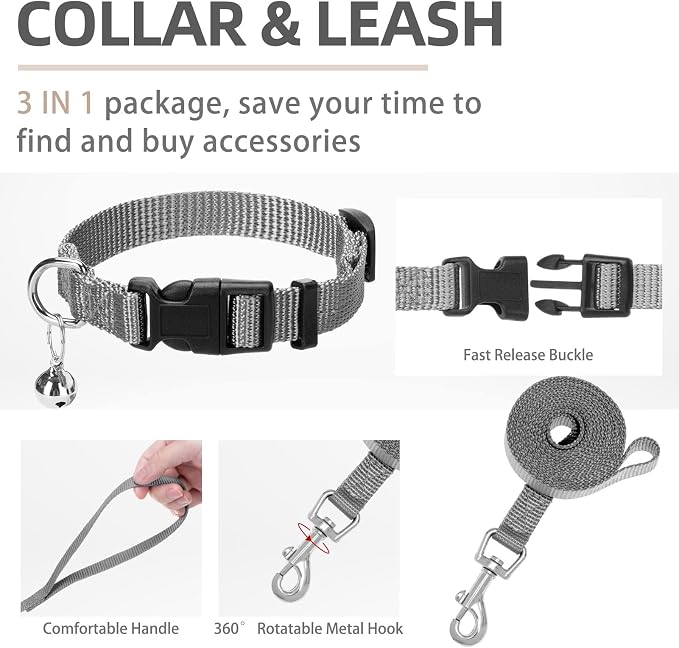 PUPTECK Adjustable Dog Harness Collar and Leash Set Step in No Pull Pet Harness for Small Medium Dogs Puppy and Cats Outdoor Walking Running, Soft Mesh Padded Reflective Vest Harnesses, Solid Grey L