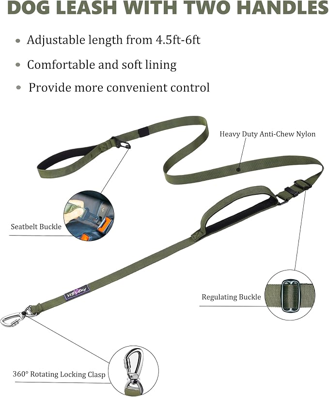 Hotsky Double Handle Dog Leash for Large Medium and Small Breed Dogs that Pull,Adjustable Nylon Heavy Duty Dog Leash with Car Seat Belt for Walking and Training,ArmyGreen,4.5-6 FT