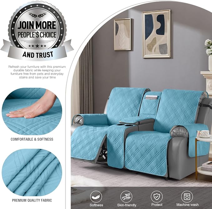 TAOCOCO Loveseat Recliner Cover with Center Console, 100% Waterproof Pet Covers for Dual Recliner with Straps Design, Split Reclining Loveseat Cover Furniture Pet&Kids Protector(2 Seater, Sky Blue)