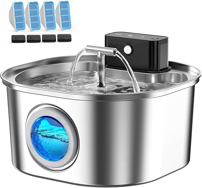 Voluas Stainless Steel Wireless Cat Water Fountain: 3.2L/108oz 3-Modes Pet Drinking Fountain Indoor Cordless Motion Sensor with Pet Water Dispenser Bowl with Water Level Window, BPA-Free, 4Filter