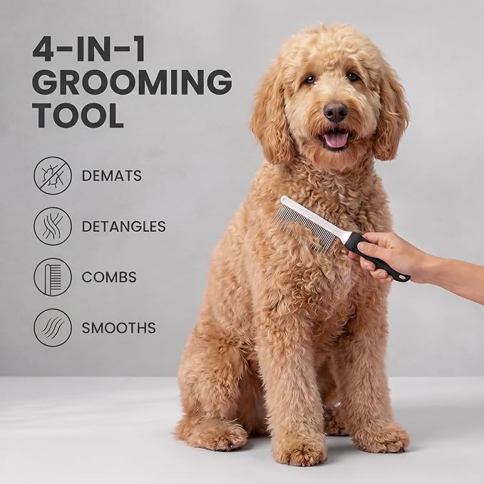 POODLIE Poodle Pet Dog Combs for Grooming Matting - Metal Comb for Dogs with Long & Short Stainless Steel Teeth - Dematting Comb for Cats to Remove Matted Hair & Knots, Black