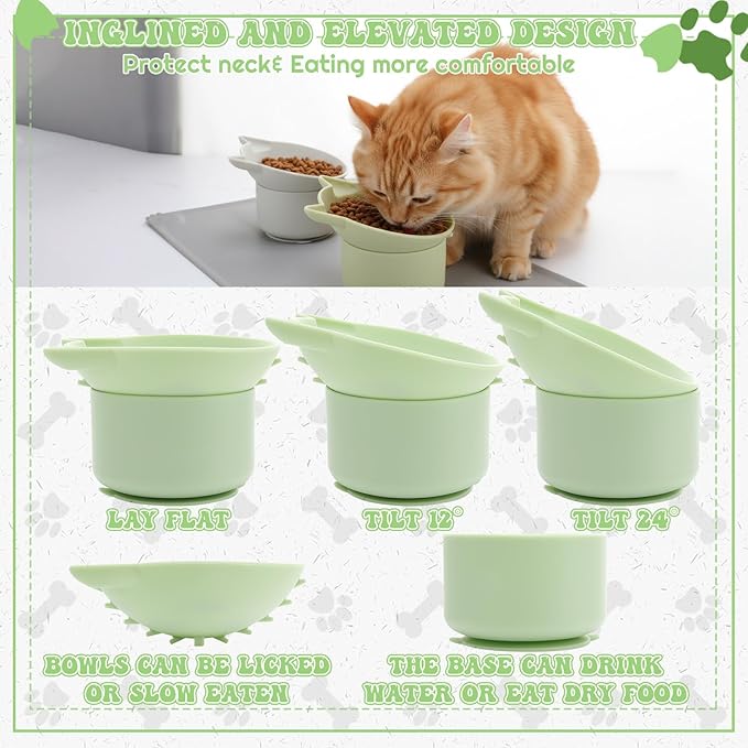 2 Pack Slow Feeder Cat Bowls Silicone Tilted Raised Pet Bowl with Non Slip Base for Digestion Anti Vomit, Gray, Green