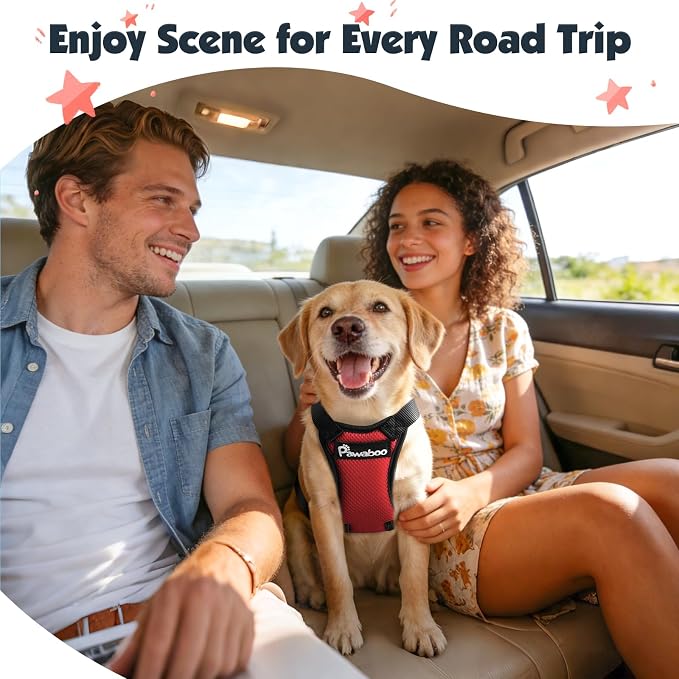 Pawaboo Dog Seat Belt Harness for Car, Dog Car Harness Seatbelt with Double Clips, Adjustable Breathable Pet Vest & Dogs Safety Tether with Elastic Bungee for Small Medium Large Pet, M, Red+Black