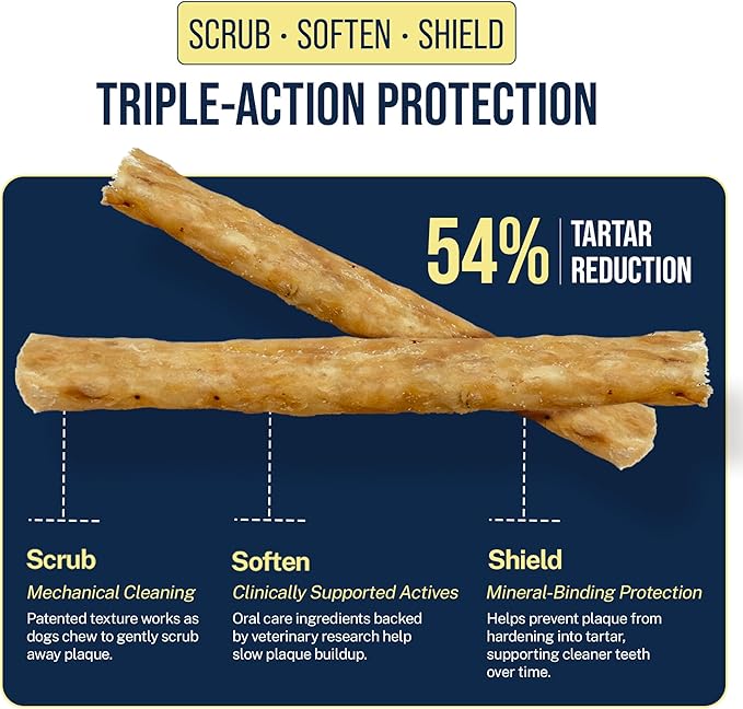 Tartar Shield® Soft Rawhide Dental Chews for Large Dogs | VOHC Accepted | Reduces Tartar, Controls Plaque & Freshens Breath | Vet Recommended | Bacon Flavor | USA Made | 8 Count