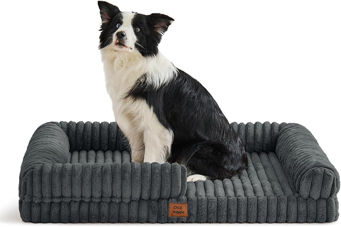 Orthopedic Dog Bed for XL Dogs, Washable Dog Bed with Faux Rabbit Fur Waterproof Cover, High Density Egg Crate Foam Support with 3-Sided Bolsters for Senior Dogs, Non-Skid Bottom, 41x30x7, Dark Grey