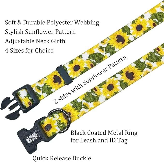 Dog Collar Leash Set, Floral Pattern, 5ft Matching Leash, Polyester Material, 4 for Small Medium Large Dogs.(M, Sunflower)
