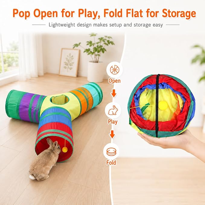 Rabbit Tunnel Collapsible 3 Way Tunnels and Tubes with Interactive Ball Bunny Hideout - Small Animal Activity Tunnel Toys for Dwarf Rabbit, Guinea Pig, Kitty