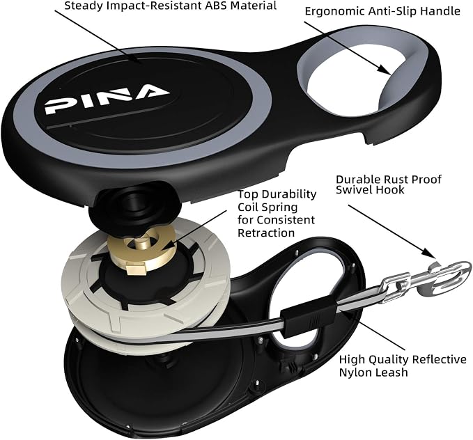 PINA Retractable Dog Leash, 26ft Dog Leash for Small Medium Large Dogs Up to 110lbs, 360° Tangle-Free Strong Reflective Nylon Tape, with Anti-Slip Handle, One-Handed Brake, Lock - Black Gray