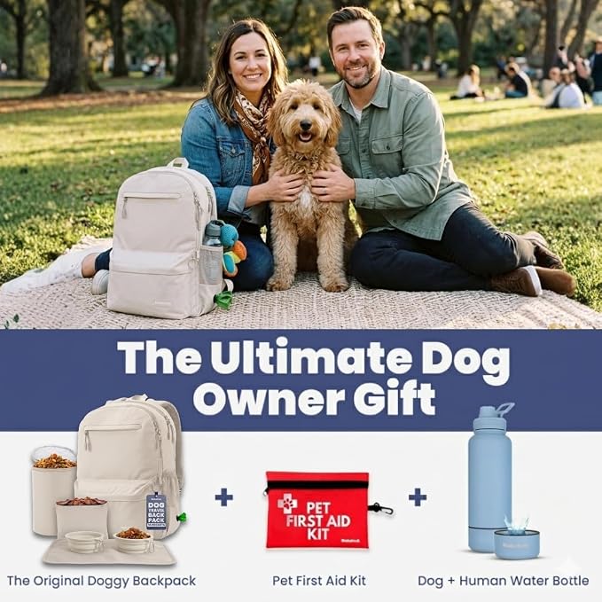 Dog Travel Bag for Supplies - Complete Dog Diaper Bag Backpack with 2 BPA-Free Travel Bowls, Treat Pouch, Food Container, Placemat & Laptop Sleeve – for Traveling, Road Trips, Hiking: Beige