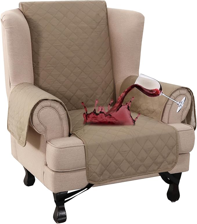 Turquoize 100% Waterproof Wing Chair Cover Wing Armchair Slipcovers Chair Couch Protector Triple Non-Slip Sofa Slipcover Furniture Protector for Pets, Kids,Dog (Wing Chair, Taupe)