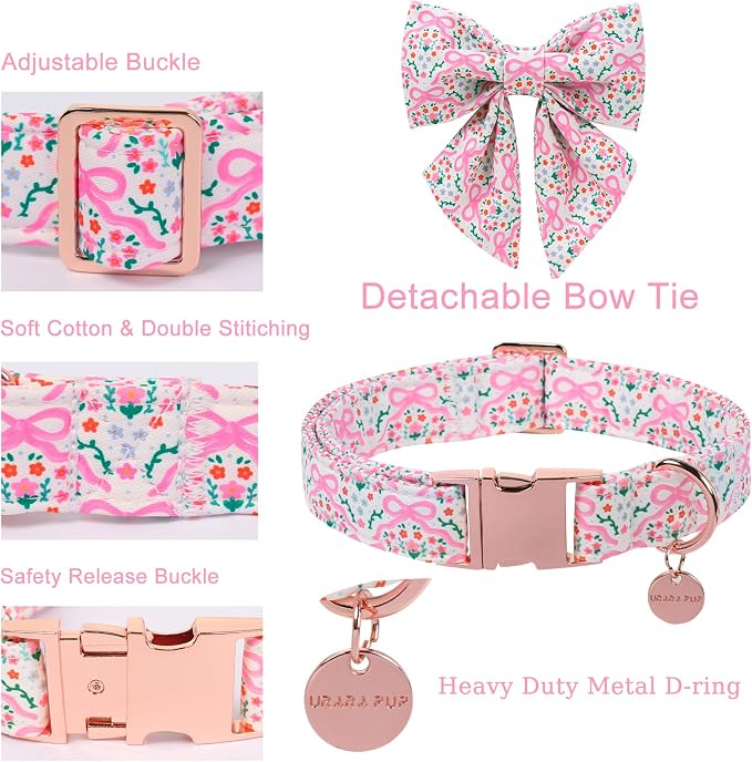 Pink Bow & Floral Dog Collar, Spring Summer Soft Cotton Dog Collar with Premium Quick Release, Adjustable and Comfortable Pet Collar for Small, Medium, and Large Dogs
