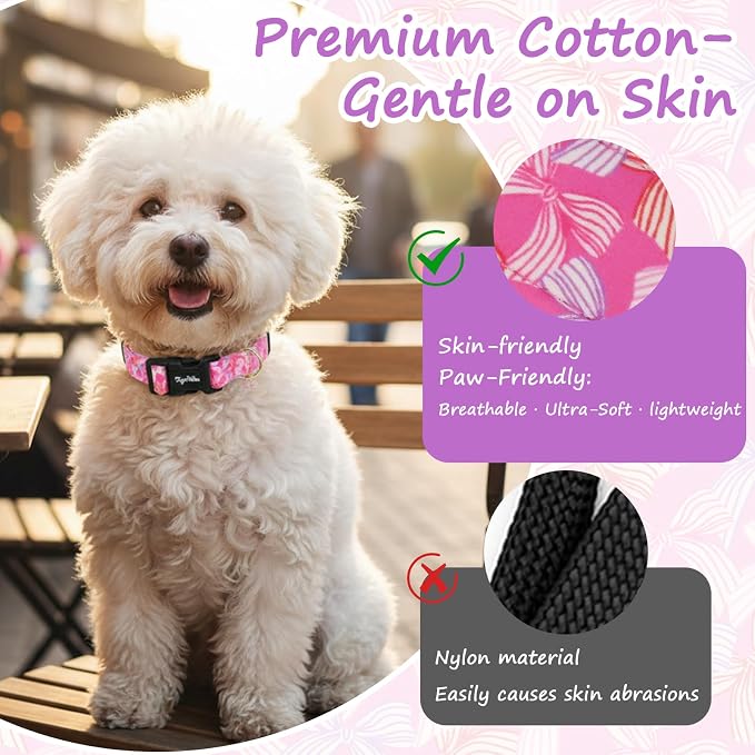Cute Hot Pink Dog Collar with Bow Print, Spring Summer Puppy Collar with Adjustable Buckle, Soft Cotton Pink Dog Collar for Small Medium Large Dogs-M