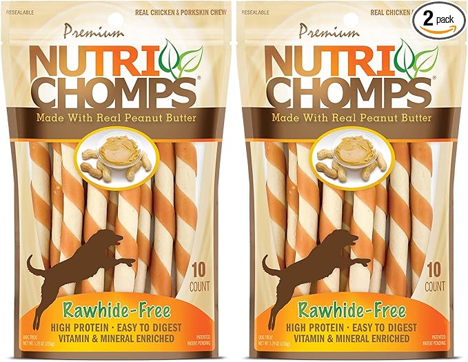 NutriChomps Dog Chews 5-inch Twists, Easy to Digest, Rawhide-Free Dog Treats, 10 Count, Real Peanut Butter Flavor, Bundle of 2, 20 Count, NT063V-2