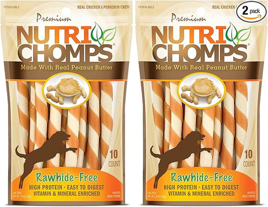 NutriChomps Dog Chews 5-inch Twists, Easy to Digest, Rawhide-Free Dog Treats, 10 Count, Real Peanut Butter Flavor, Bundle of 2, 20 Count, NT063V-2