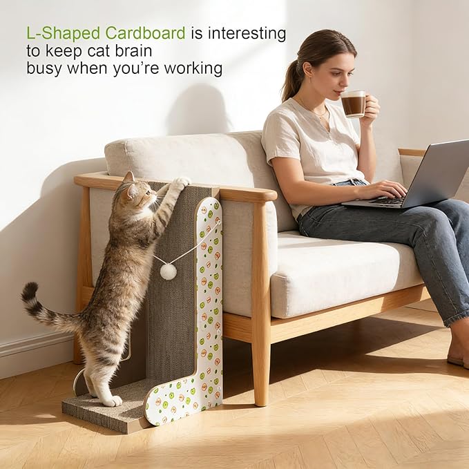TIMHAKA Cat Scratcher, 22.7 Inch L-Shaped Cat Scratching Board for Indoor Cats, Large Double-Sided Cardboard Cat Scratcher with Ball Toy & Catnip